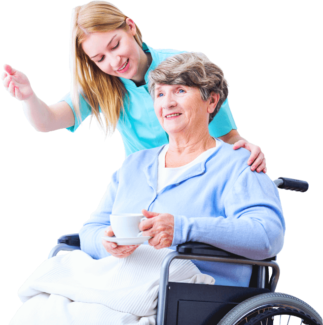 caregiver and senior woman in the wheelchair having a conversation