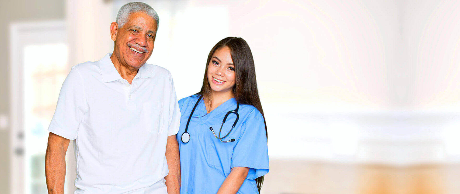 nurse and senior man are smiling